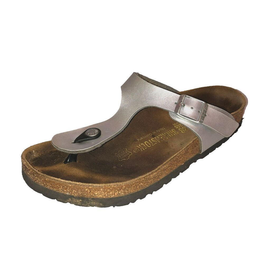 Birkenstock Gizeh Size 7 Leather T-Strap Sandals Silver Metallic Thong EU 38